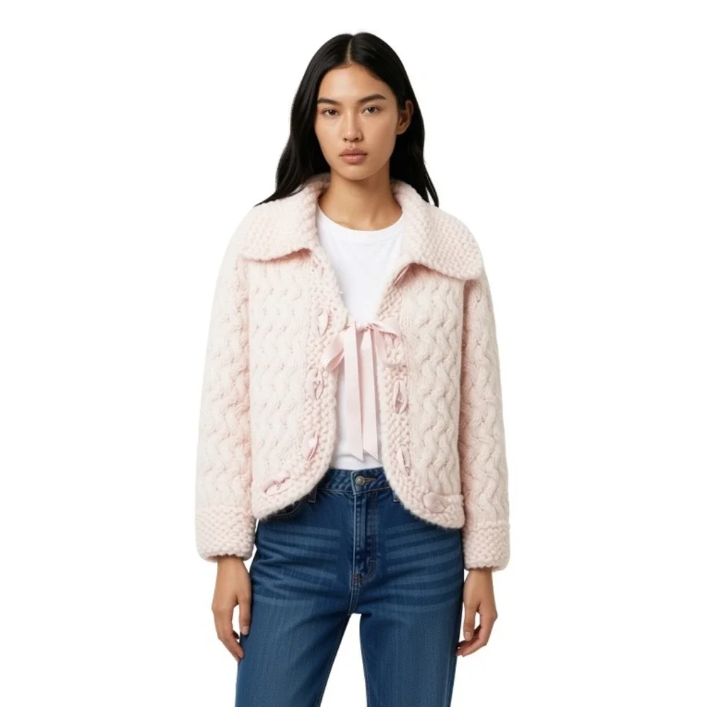 VTG Rebecca Taylor Pink Mohair Blend Cable Knit Ribbon Tie Cardigan Sweater L
